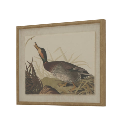 A framed artwork depicting a duck on a linen background, with a beaded frame.