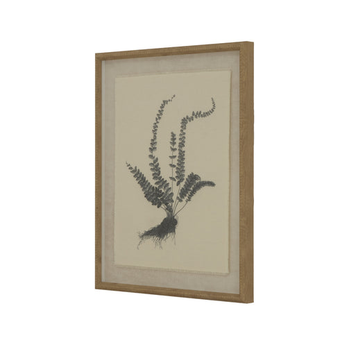 A framed botanical artwork featuring a spleenwort fern on fine linen with a beige background, enclosed in an ornate beaded frame.