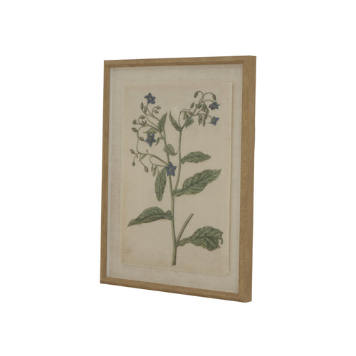 A botanical artwork depicting a borage plant on natural linen with a beaded frame.
