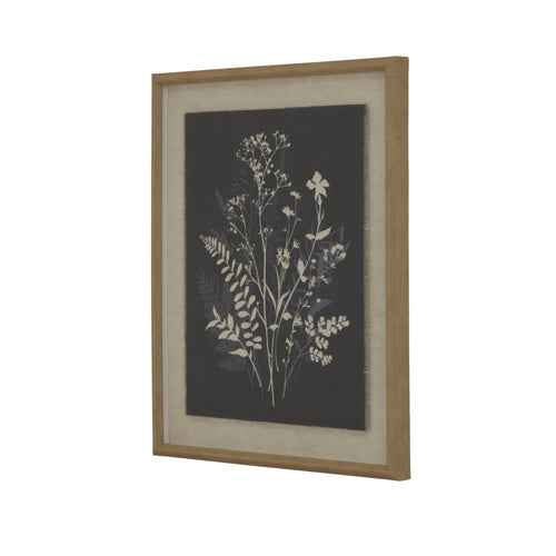 A botanical artwork depicting a grove of flora on fine linen, framed within a beaded frame.