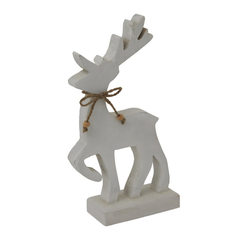 White deer figurine with a brown string around its neck on a white background