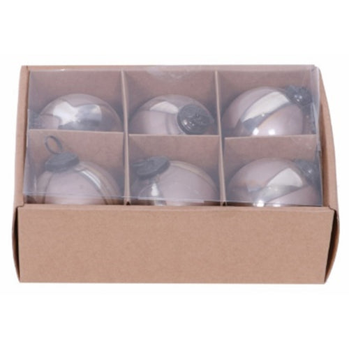 Cardboard box with six clear plastic balls inside on a white background