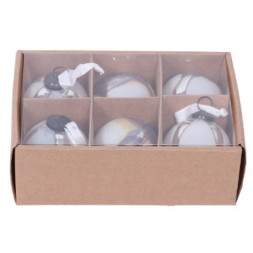 Set of six glass ornaments in a cardboard box on a white background