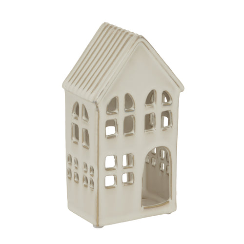 White ceramic house-shaped lantern on a white background