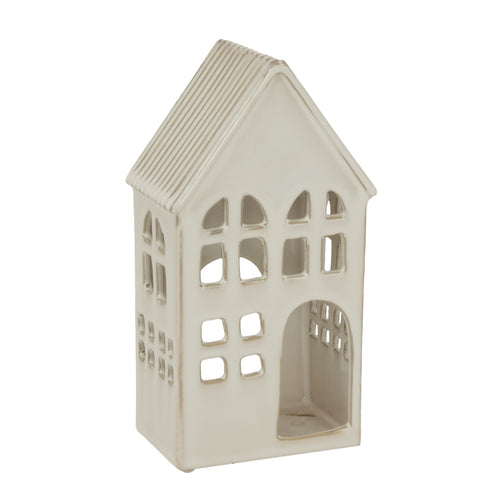 Ceramic house-shaped lantern on a white background