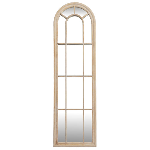 Arched window-style mirror with wooden frame on a white background