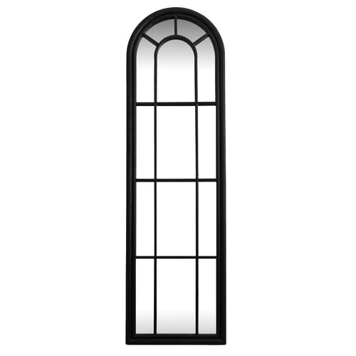 Arched window-style mirror with black frame on a white background