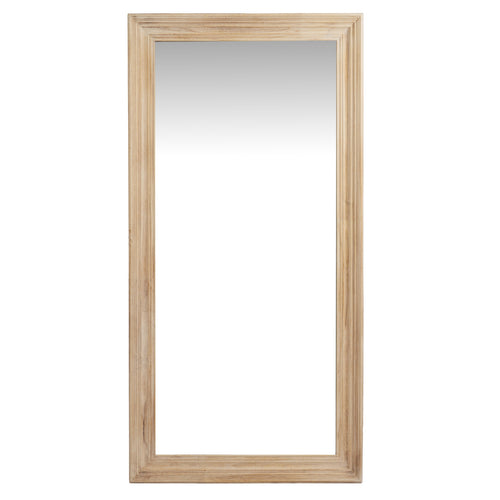 Rectangular mirror with a light wood frame on a white background