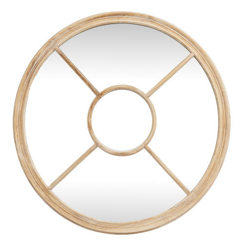 Round mirror with a wooden frame on a white background
