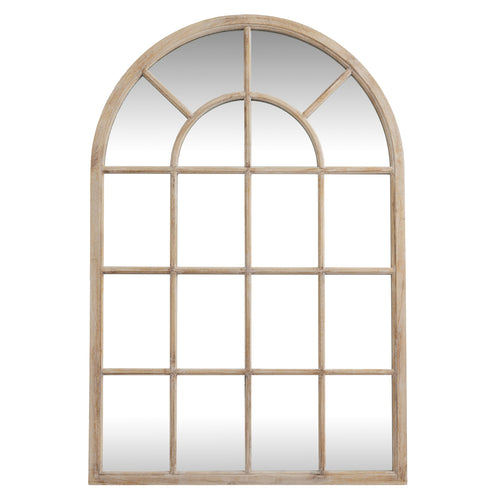 Arch-shaped mirror with wooden frame on a white background