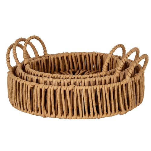 Set of three woven baskets with handles on a white background