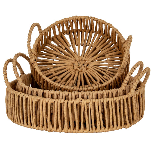 Set of two woven baskets with handles on a white background
