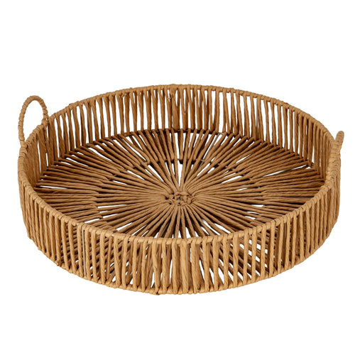 Round woven rattan tray with handles on a white background