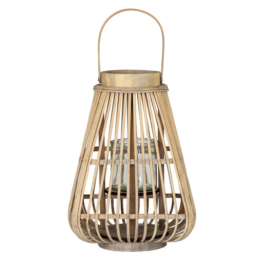 Wooden lantern with a glass candle holder on a white background