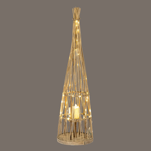 Decorative rattan lantern with LED lights on a dark background