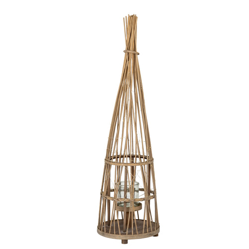 Tall, cylindrical woven rattan plant stand on a white background
