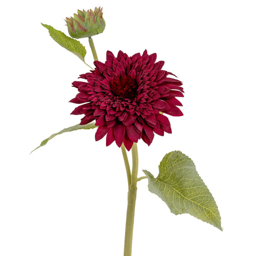 Artificial red flower with green leaves on a white background