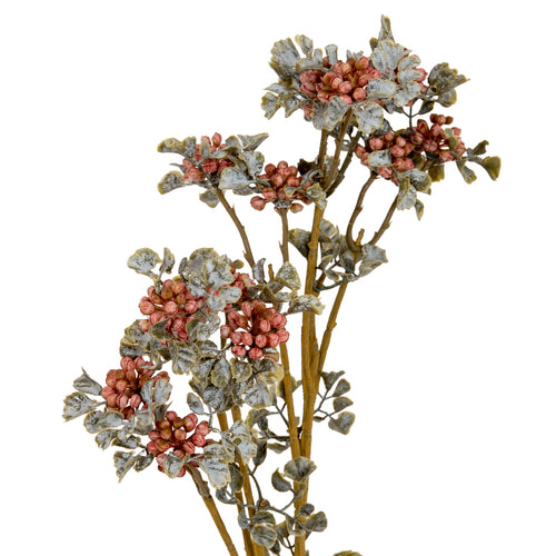 Artificial floral arrangement with pink and green flowers on a white background