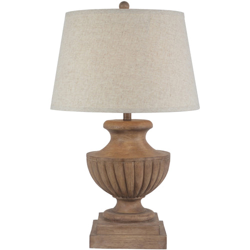 Table lamp with wooden base and beige lampshade on a white background