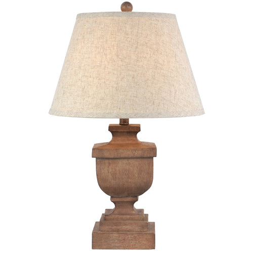 Table lamp with wooden base and beige lampshade on a white background