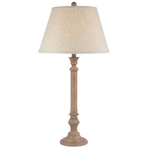 Table lamp with beige shade and wooden base on a white background