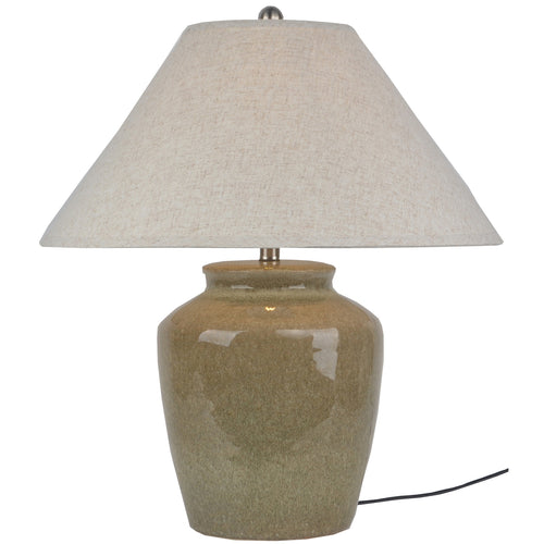 Table lamp with beige ceramic base and linen shade on a white background