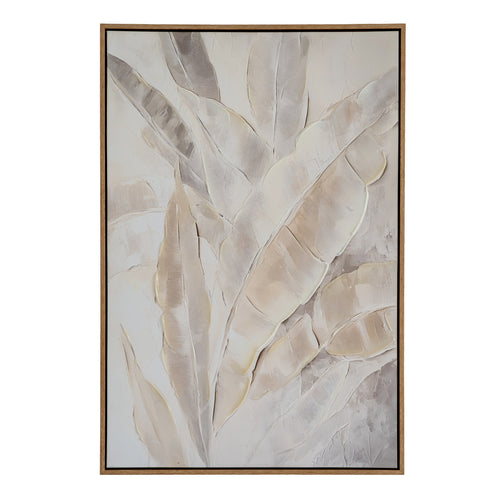 Abstract art piece with beige and brown leaf-like shapes on a light background, framed.