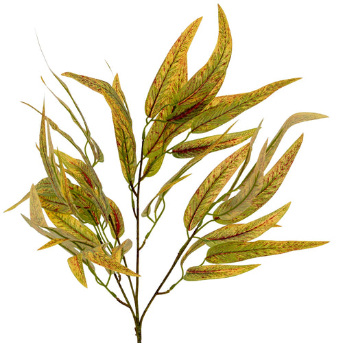 Artificial leaf branch with green and brown leaves on a white background