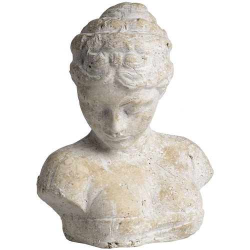 A bust sculpture of a woman's head with a stone-effect finish.