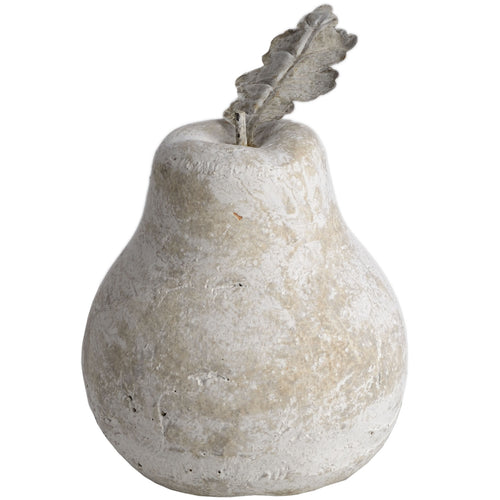Decorative stone pear with a leaf on a white background