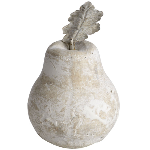 Decorative stone pear with a leaf on a white background